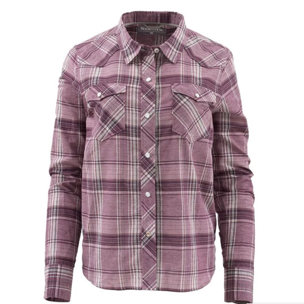 Simms Fishing Ruby River Pearl Snap Shirt Womens XL Garnet Plaid Outdoor Western